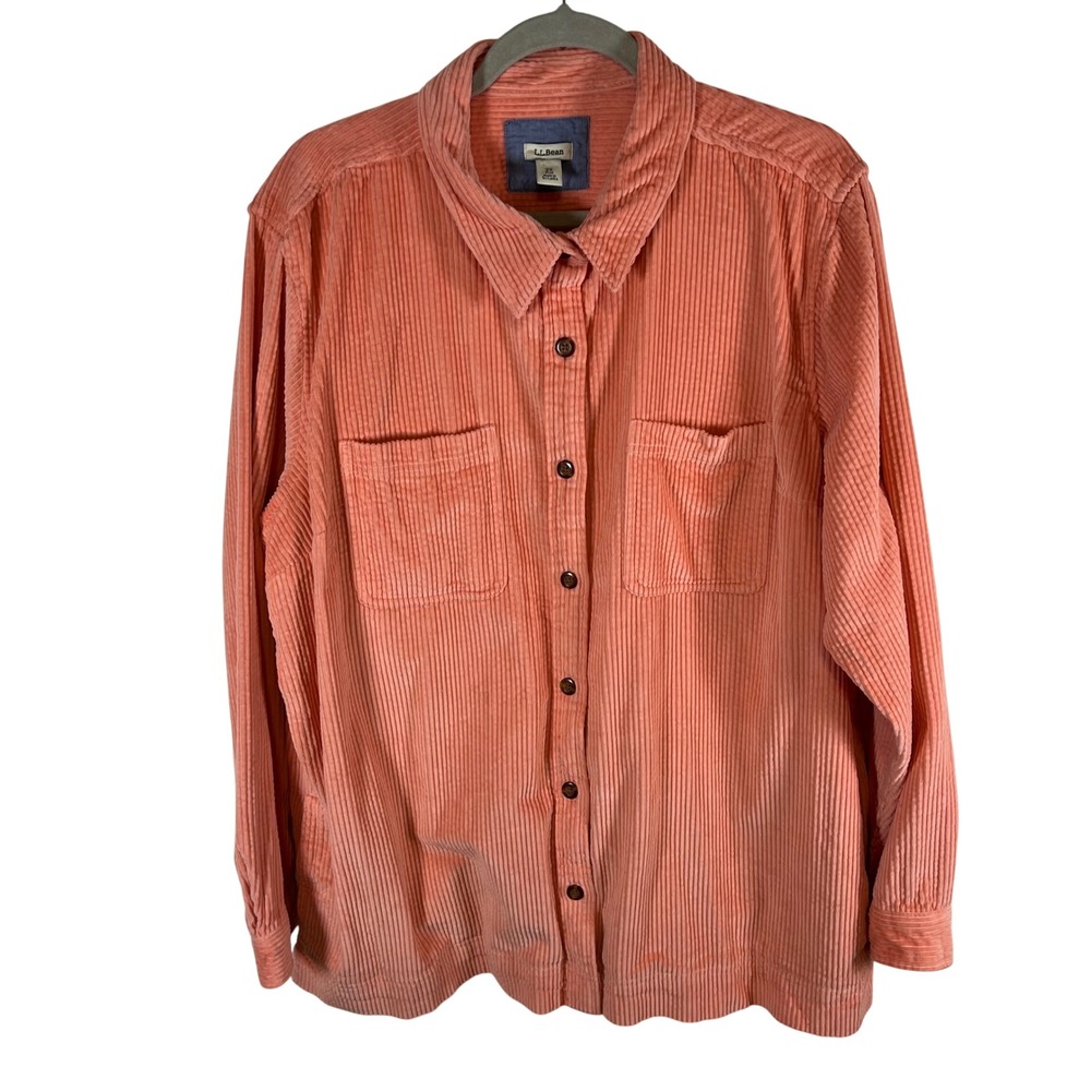LL Bean Women 2X Plus Coral Pink Corduroy Shirt Jacket Cotton Shacket Cottage